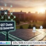 Students sitting an entrance examination in a brightly lit hall, focused on their answer sheets for the GST Cluster Admission 2025-26 test.