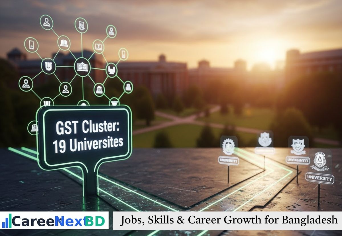 Students sitting an entrance examination in a brightly lit hall, focused on their answer sheets for the GST Cluster Admission 2025-26 test.